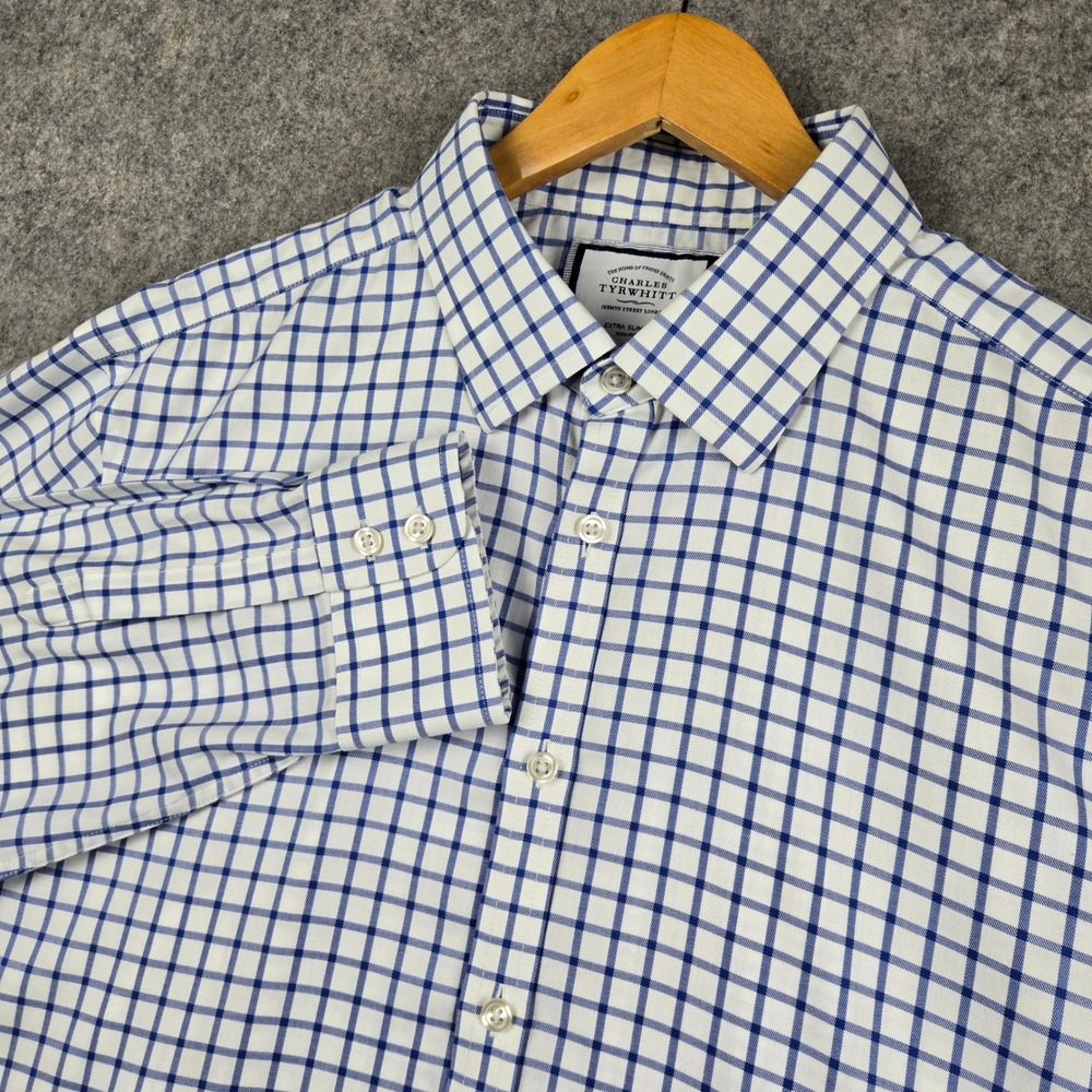 Charles Tyrwhitt Dress Shirt Mens 17.5 Blue White Check Extra Slim Fit Non-Iron